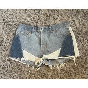 Levis Premium 501 Shorts Womens 29 Patchwork Distressed High Rise Denim Frayed